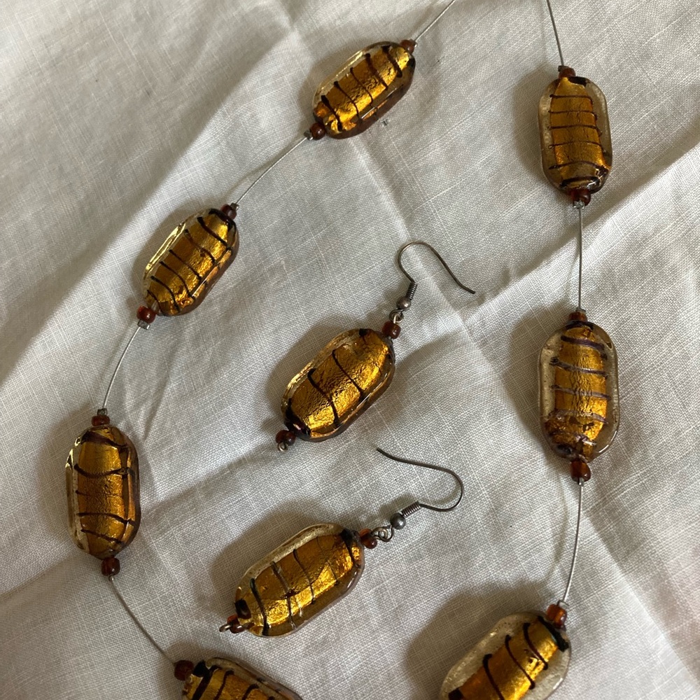 Golden Oval Bead Necklace and Earrings